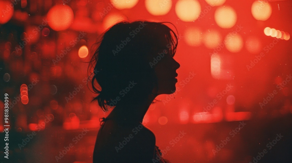 Wall mural woman in a nightclub late at night, bathed in the intense glow of red lights