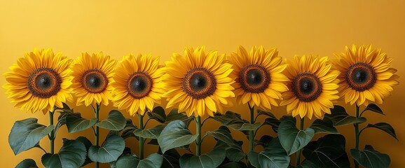 Row of Sunflowers on Yellow Background