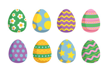 Happy Easter.Set of Easter eggs with different textures on a white background.Spring holiday. Vector Illustration isolated. 