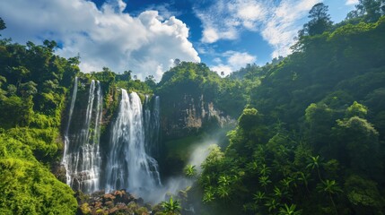 Fototapeta premium waterfall landscape water flows gracefully, surrounded by tall trees and vibrant foliage