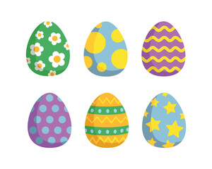 Happy Easter.Set of Easter eggs with different textures on a white background.Spring holiday. Vector Illustration isolated. 
