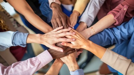 Fototapeta premium Business professionals place their hands together in a show of unity and collaboration, shared commitment to success in a corporate environment.