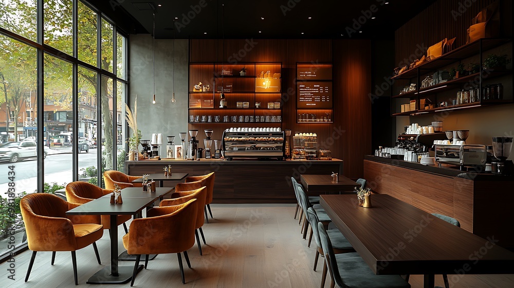 Wall mural Modern coffee shop with sleek dark wood tables, plush velvet armchairs, and minimalist decor. Warm, ambient lighting highlights the sophisticated and cozy environment, offering a stylish,