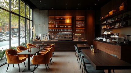Modern coffee shop with sleek dark wood tables, plush velvet armchairs, and minimalist decor. Warm, ambient lighting highlights the sophisticated and cozy environment, offering a stylish,