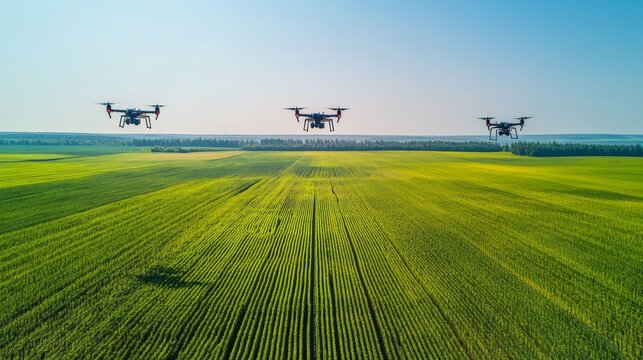1. Multiple drones flying over a vast green agricultural field, capturing aerial views of crops and land with clear blue sky in the background