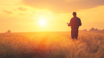 8. A farmer silhouette against the backdrop of a setting sun, walking along a path in a wheat field, checking data on a tablet