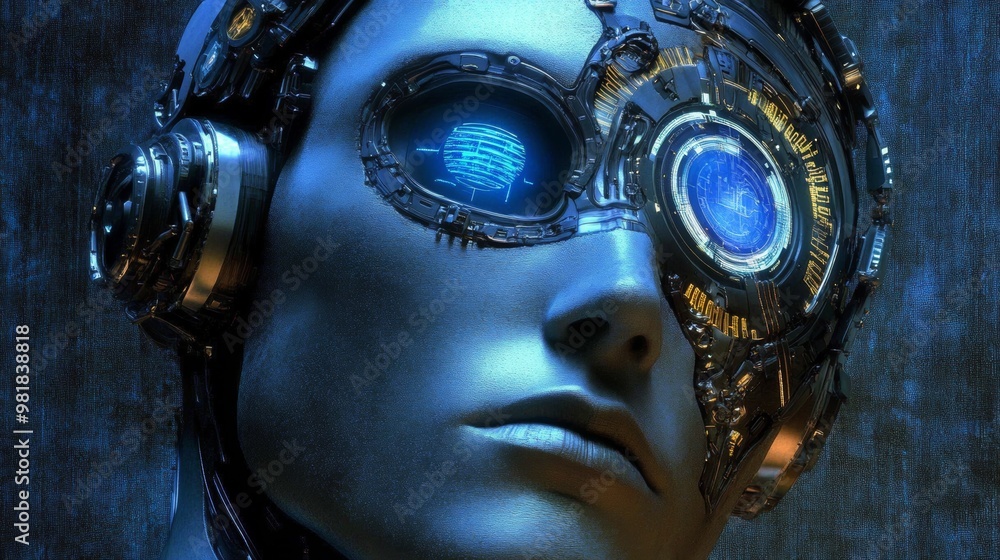Poster futuristic robot with high-tech visual interface