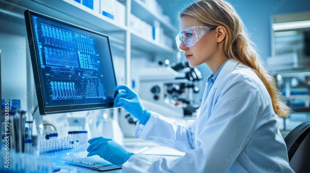 Poster female scientist analyzing data on computer screen