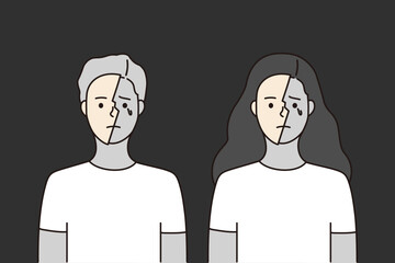 Depressed crying man and woman with half face mask. Mental disorder, depression, psychological problem concepts. Hand drawn people character vector design illustration isolated background.
