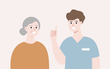 Smiling medical staff showing thumbs up sign to elder patient. Man in uniform with positive hand gesture. Medicine, healthcare, treatment concepts. Flat character vector design isolated illustration.