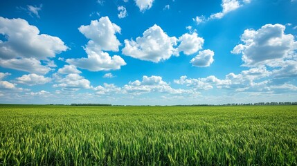 11. Expansive green wheat field under a bright blue sky dotted with fluffy white clouds, creating a picturesque agricultural landscape