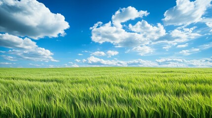 Obraz premium 12. Lush green wheat field stretching out to the horizon with a dramatic sky filled with billowing white clouds, perfect for nature and travel themes