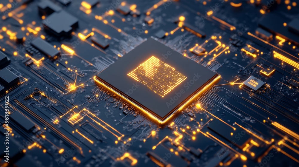 Poster digital circuit board with glowing microchip details