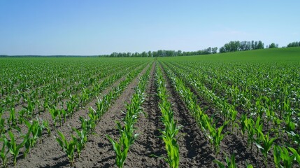 16. A vast agricultural field filled with rows of young corn plants, showcasing the fresh green sprouts under a clear blue sky