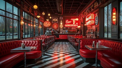 Retro diner-inspired coffee shop with red leather seating, black and white checkered floors, and neon signs glowing on the walls.