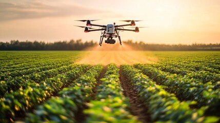 23. Modern agricultural scene with a drone flying over a field of healthy green plants, spraying pesticides to ensure crop protection and productivity