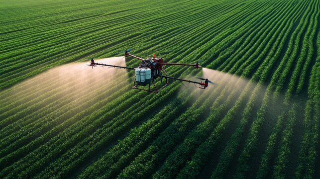 22. High-tech drone equipped with sprayers hovering above a vibrant green agricultural field, dispersing pesticides evenly across the crops