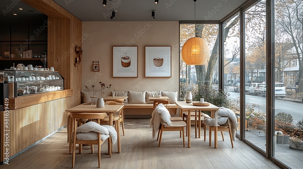 Canvas Prints Scandinavian-inspired coffee shop with light wood furniture, soft pastel walls, and cozy throws on chairs. Minimalist design and large windows allow natural light to fill the space, creating a warm,