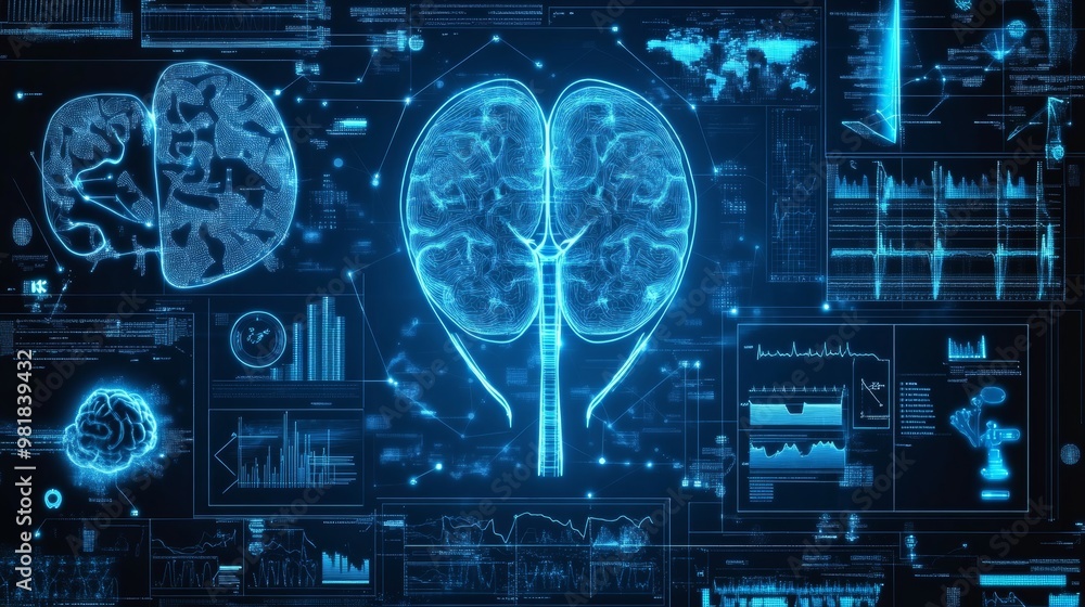 Poster futuristic brain visualization with data and metrics
