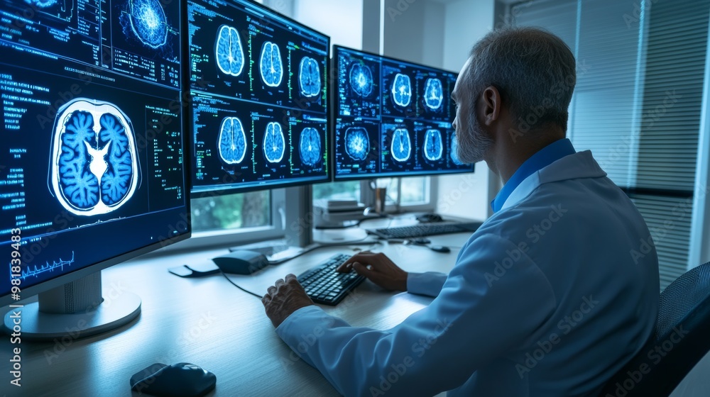 Aufkleber neuroscientist analyzing brain scans in modern lab