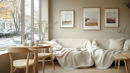 Scandinavian coffee shop with minimalist decor, light wooden furniture, and cozy throws draped over seating. The soft pastels and natural light create a calming, warm,