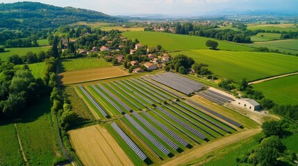 Fototapeta premium 26. Aerial view of an agrivoltaic canopy system installed over a thriving green agricultural field in France, combining solar panels and farming