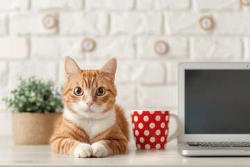 Adorable ginger cat sitting on a desk with a laptop, red polka dot mug, and potted plant against a white brick wall backdrop.