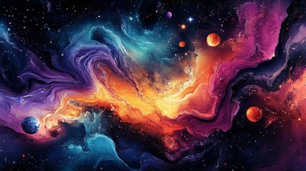 Abstract Cosmic Artwork Depicting Swirling Galaxies, Planets, and Stars