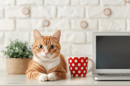 Adorable ginger cat sitting on a desk with a laptop, red polka dot mug, and potted plant against a white brick wall backdrop.