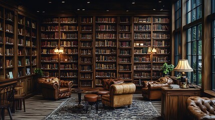 Vintage library-style coffee shop with walls lined with bookshelves, leather armchairs, and soft lighting from classic table lamps. The warm,