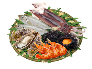 海の幸セット（ザル、ヒノキの葉付き）