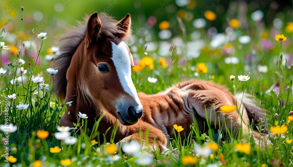 Wall mural shetland pony resting among vibrant wildflowers in a serene meadow