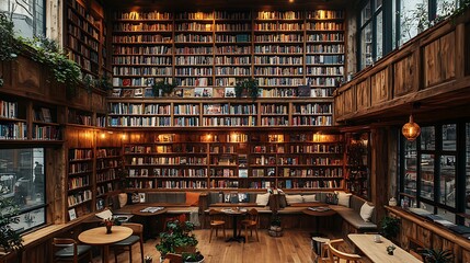 A bookshop café featuring wooden shelves full of books, cozy reading nooks, and small tables for coffee.