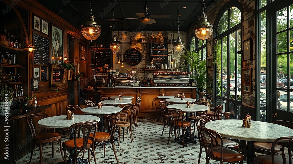 Poster A classic Parisian bistro café with marble-top tables, wrought iron chairs, and elegant pendant lights. The cozy atmosphere is enhanced by soft lighting and vintage decor,