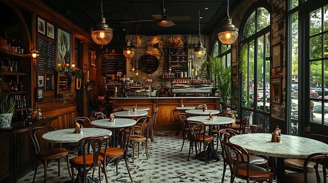 A classic Parisian bistro caf&eacute; with marble-top tables, wrought iron chairs, and elegant pendant lights. The cozy atmosphere is enhanced by soft lighting and vintage decor,