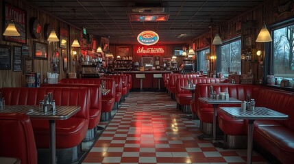A cozy 1950s-style coffee shop with red leather booths, checkered tile flooring, and vintage neon signs. The warm lighting and retro decor create a nostalgic Americana diner vibe  --ar 16:9 --no logo