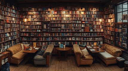A cozy bookshop café with shelves of books surrounding intimate wooden tables, plush armchairs, and warm lighting. The soft glow creates a peaceful,