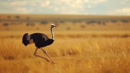 Fototapeta premium Majestic Ostrich Sprinting Through Vast Desert Landscape
