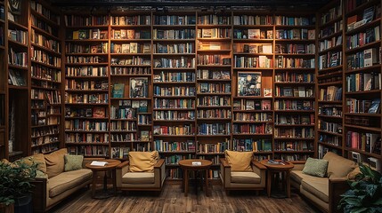 Obraz premium A cozy bookshop café with wooden shelves filled with books lining the walls, small wooden tables, and overstuffed armchairs. Soft,