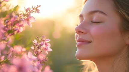 92. A woman enjoying the fragrance of fresh spring flowers, her face bathed in warm sunlight, highlighting her serene smile