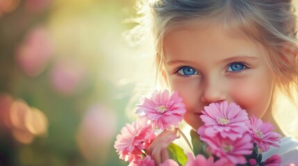 Naklejka premium 93. Blue-eyed girl holding a bouquet of pink flowers, her face illuminated by the sun, capturing a moment of pure happiness