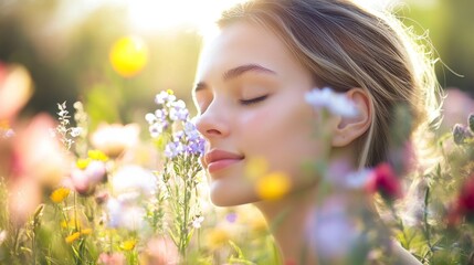Fototapeta premium 92. A woman enjoying the fragrance of fresh spring flowers, her face bathed in warm sunlight, highlighting her serene smile