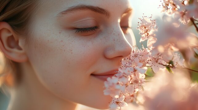 91. Close-up portrait of a beautiful woman with blue eyes, smiling as she smells a bouquet of gentle pink flowers in the sunlight