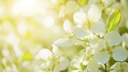 96. Closeup of delicate white pear flowers in full bloom under the soft morning sunlight, creating a serene spring background