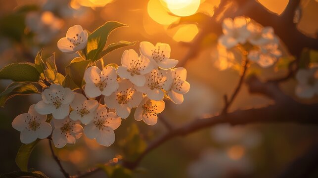 98. Blooming pear tree with white flowers bathed in soft sunset light, capturing the essence of a tranquil spring evening