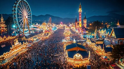 This Crowds gather at a vibrant fairground filled with lights and attractions during an evening festival.
