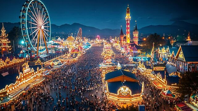 This Crowds gather at a vibrant fairground filled with lights and attractions during an evening festival.