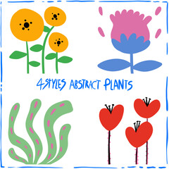 4 styles abstract plants using vibrant, warm tones.