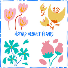 4 styles abstract plants using vibrant, warm tones.