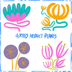 4 styles abstract plants using vibrant, warm tones.